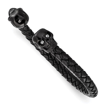Chisel Stainless Steel Polished Black IP-plated Skulls with Crystal Eyes Black Braided Leather Cuff Bangle