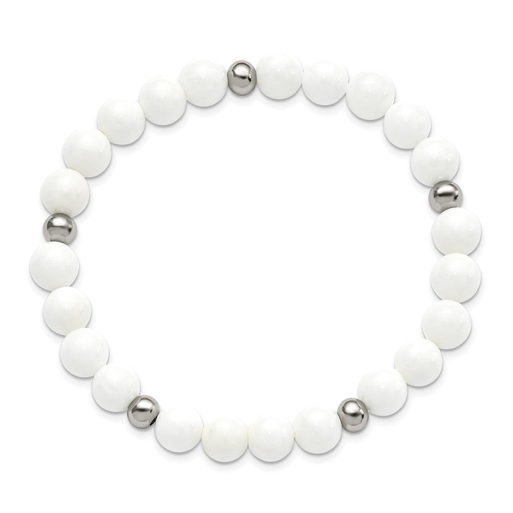 Chisel Stainless Steel Polished 6-8mm White Ceramic Beaded Stretch Bracelet