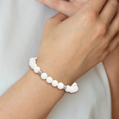 Chisel Stainless Steel Polished 6-8mm White Ceramic Beaded Stretch Bracelet