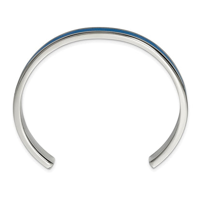 Chisel Stainless Steel Polished with Blue Leather Inlay 8mm Cuff Bangle