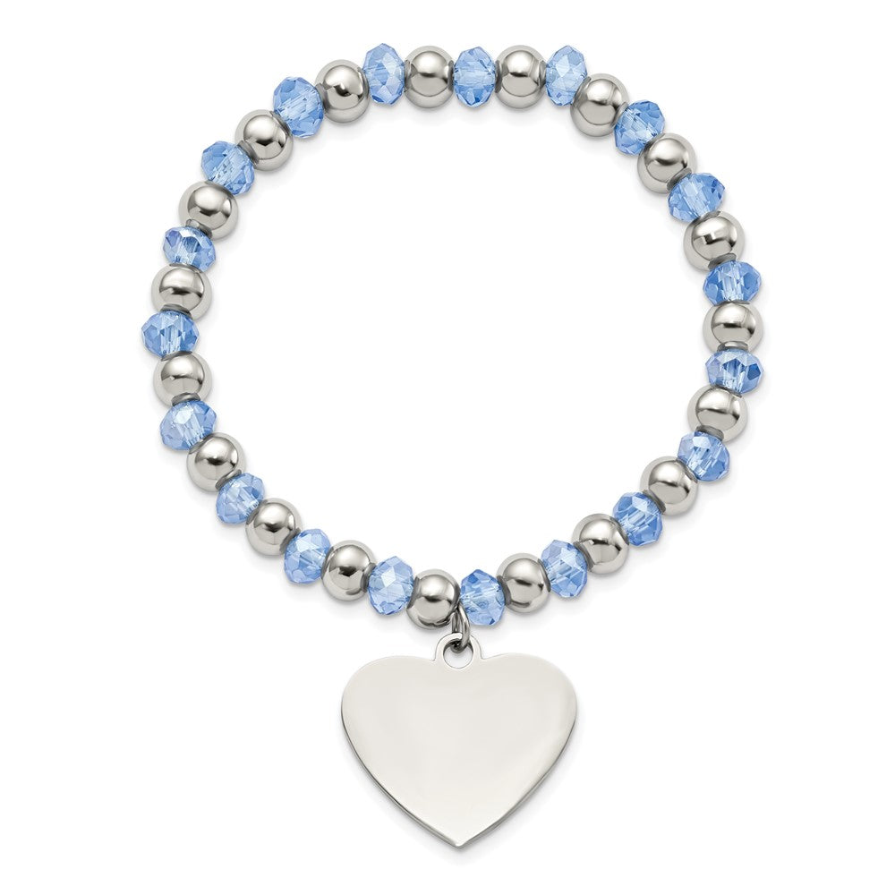 Chisel Stainless Steel Polished Heart Dangle Blue Glass Beaded Stretch Bracelet