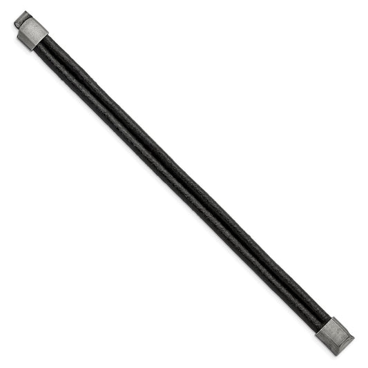 Chisel Stainless Steel Antiqued 2 Strand Black Leather 8.25 inch Bracelet