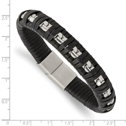 Chisel Stainless Steel Polished Chain and Black Leather 8.25 inch Bracelet
