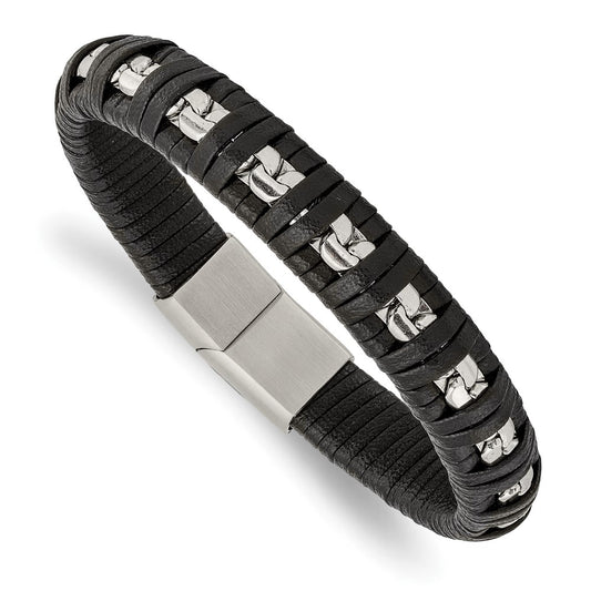 Chisel Stainless Steel Polished Chain and Black Leather 8.25 inch Bracelet
