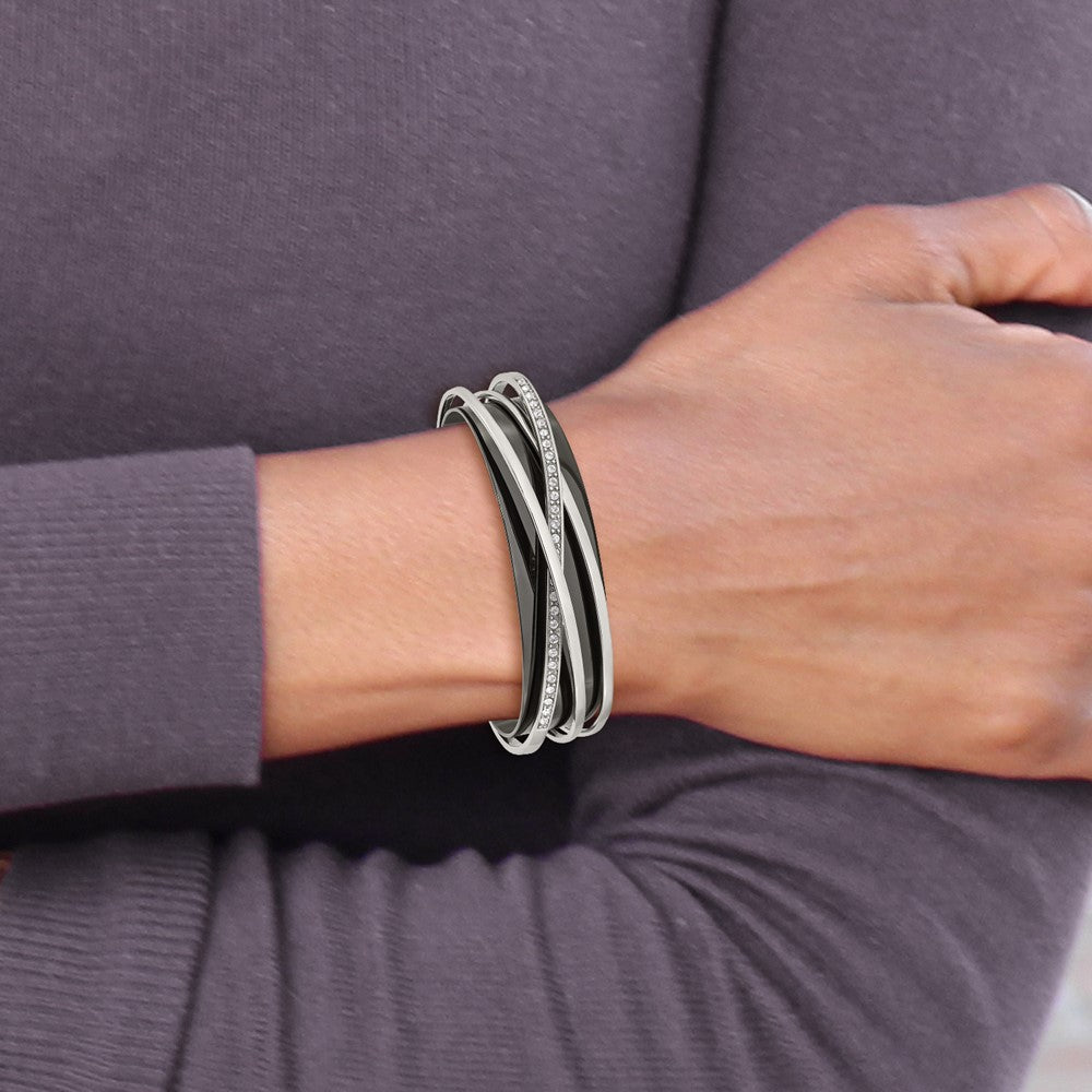 Chisel Stainless Steel Polished Black IP-plated with Crystals Layered Cuff Bangle