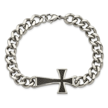 Chisel Stainless Steel Polished with Black Carbon Fiber Inlay Cross 8.5 inch Bracelet