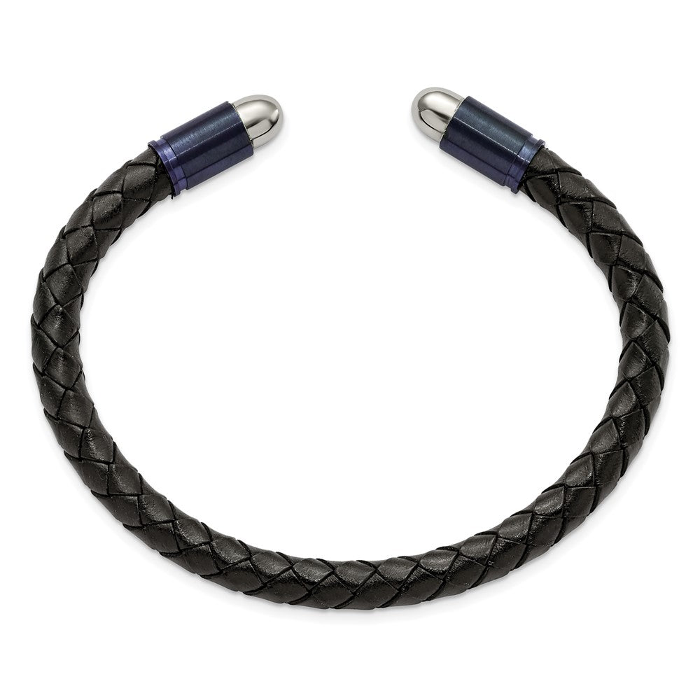 Chisel Stainless Steel Brushed and Polished Blue/Dark Grey IP-plated Black Leather Flexible Cuff Bangle