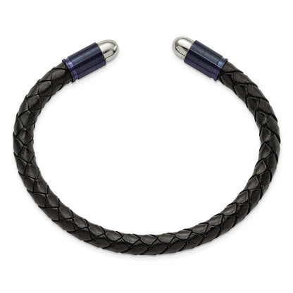 Chisel Stainless Steel Brushed and Polished Blue/Dark Grey IP-plated Black Leather Flexible Cuff Bangle