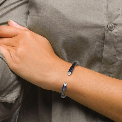 Chisel Stainless Steel Brushed and Polished Blue/Dark Grey IP-plated Black Leather Flexible Cuff Bangle