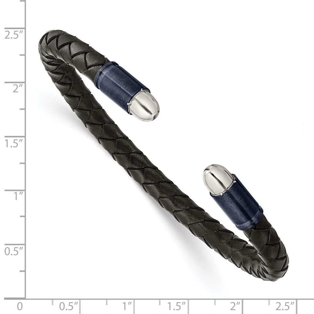 Chisel Stainless Steel Brushed and Polished Blue/Dark Grey IP-plated Black Leather Flexible Cuff Bangle