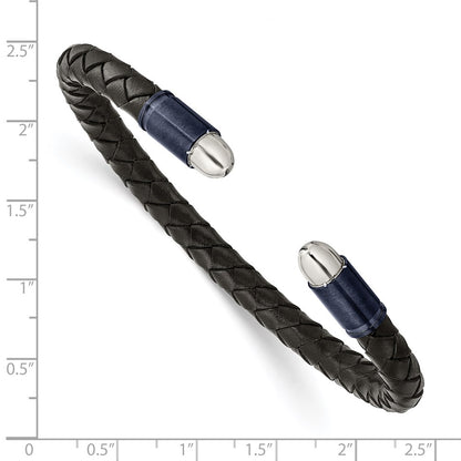 Chisel Stainless Steel Brushed and Polished Blue/Dark Grey IP-plated Black Leather Flexible Cuff Bangle