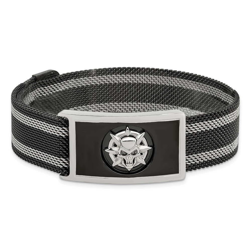 Chisel Stainless Steel Polished Black IP-plated Skull Mesh Adjustable Magnetic Clasp Bracelet