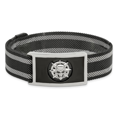 Chisel Stainless Steel Polished Black IP-plated Skull Mesh Adjustable Magnetic Clasp Bracelet