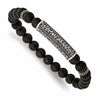 Chisel Stainless Steel Antiqued and Polished with Black CZ 8.5mm Agate Beaded Stretch Bracelet