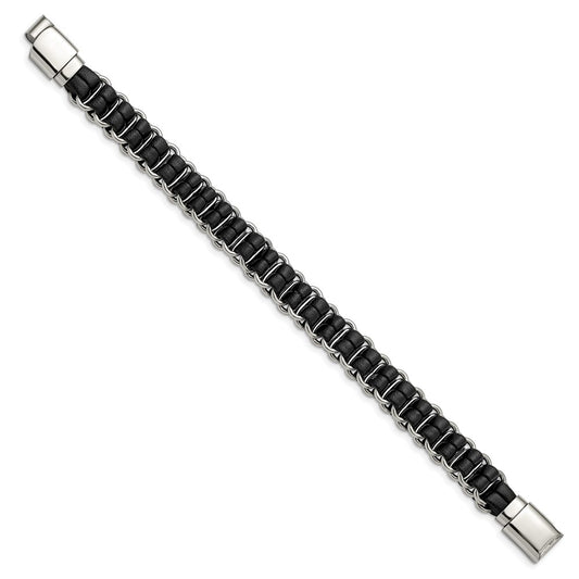 Chisel Stainless Steel Polished Black Leather 8.5 inch Bracelet