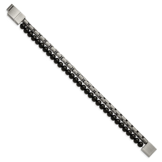 Chisel Stainless Steel Brushed Antique Bronze-plated Agate Beaded 8.5 inch Bracelet with .5 inch Extension