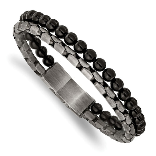 Chisel Stainless Steel Brushed Antique Bronze-plated Agate Beaded 8.5 inch Bracelet with .5 inch Extension