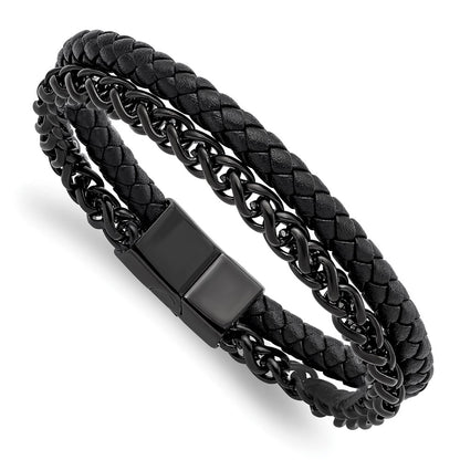 Chisel Stainless Steel Polished Black IP-plated Chain and Black Leather 8.5 inch Bracelet