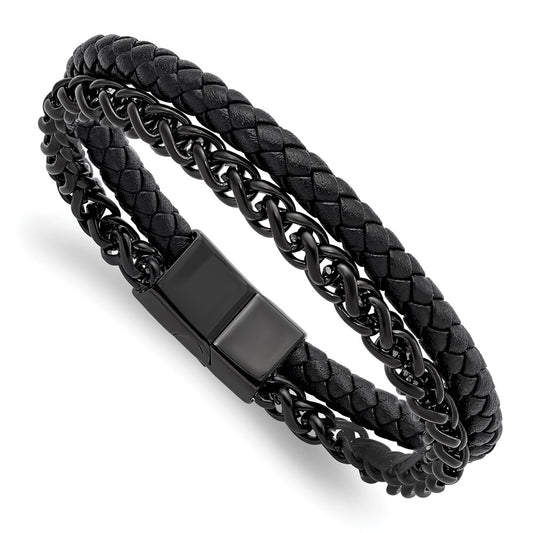 Chisel Stainless Steel Polished Black IP-plated Chain and Black Leather 8.5 inch Bracelet