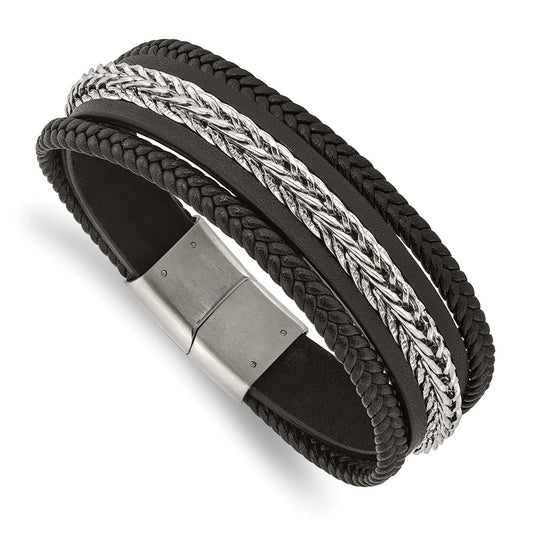 Chisel Stainless Steel Polished Multi Strand Black Leather 8.5 inch Bracelet