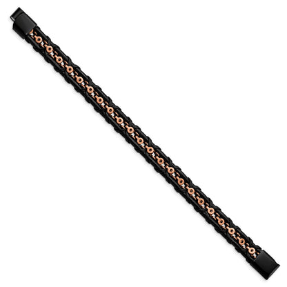 Chisel Stainless Steel Antiqued and Polished Rose IP-plated Black Leather 8.5 inch Bracelet
