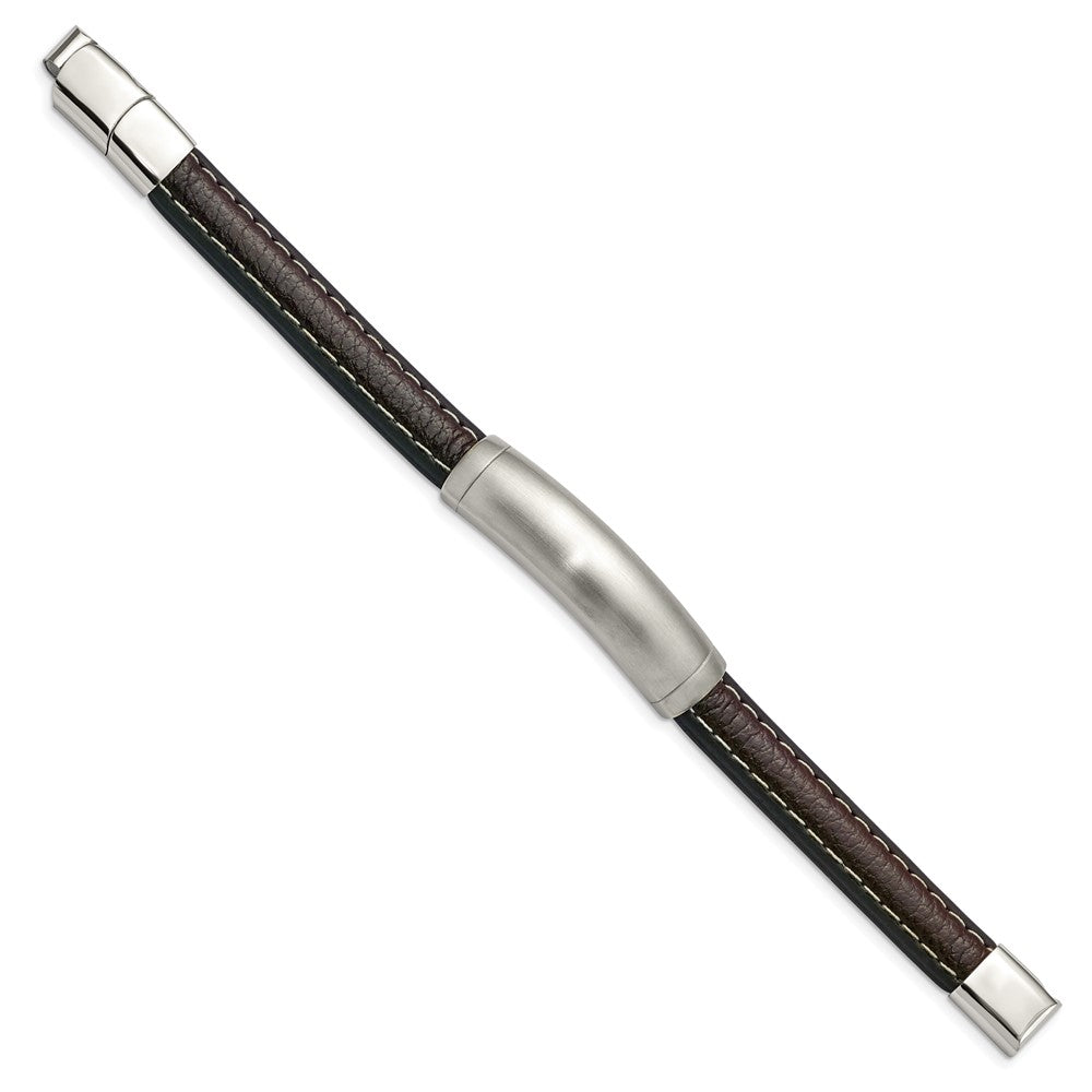 Chisel Stainless Steel Brushed Dark Brown Leather 8 inch ID Bracelet with .5 inch Extension
