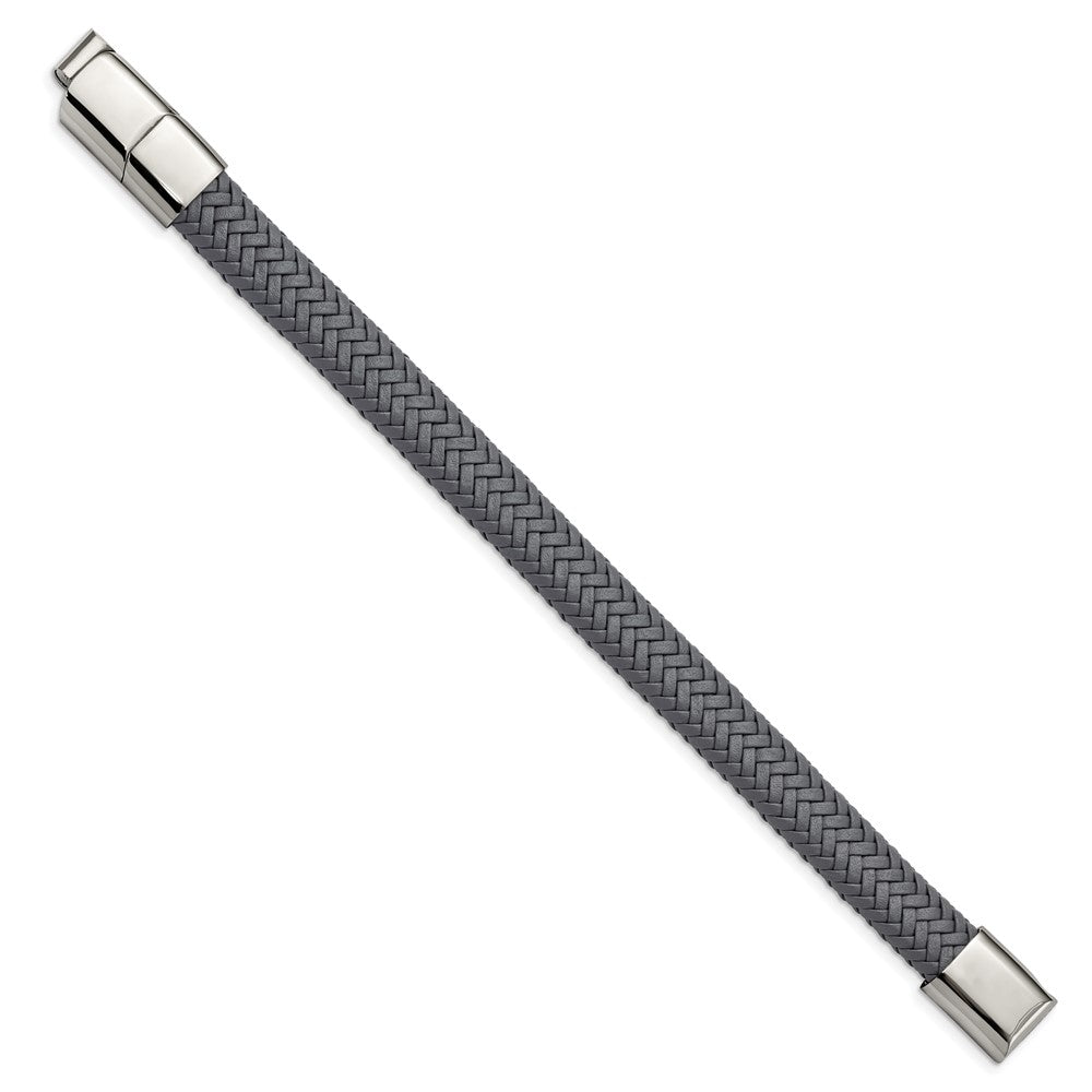 Chisel Stainless Steel Polished Grey Braided Leather 8 inch Bracelet with .5 inch Extension