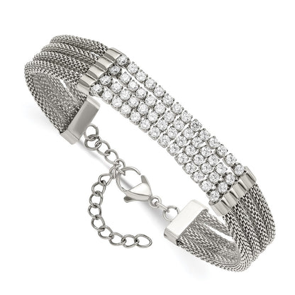 Chisel Stainless Steel Polished with CZ Mesh Multi Strand 6.5 inch Bracelet with 1.5 inch Extension