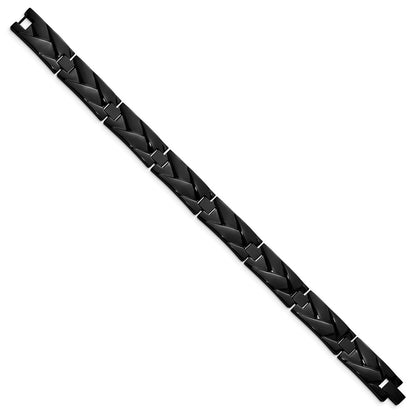 Chisel Stainless Steel Polished Black IP-plated Grooved Design Link 9 inch Bracelet