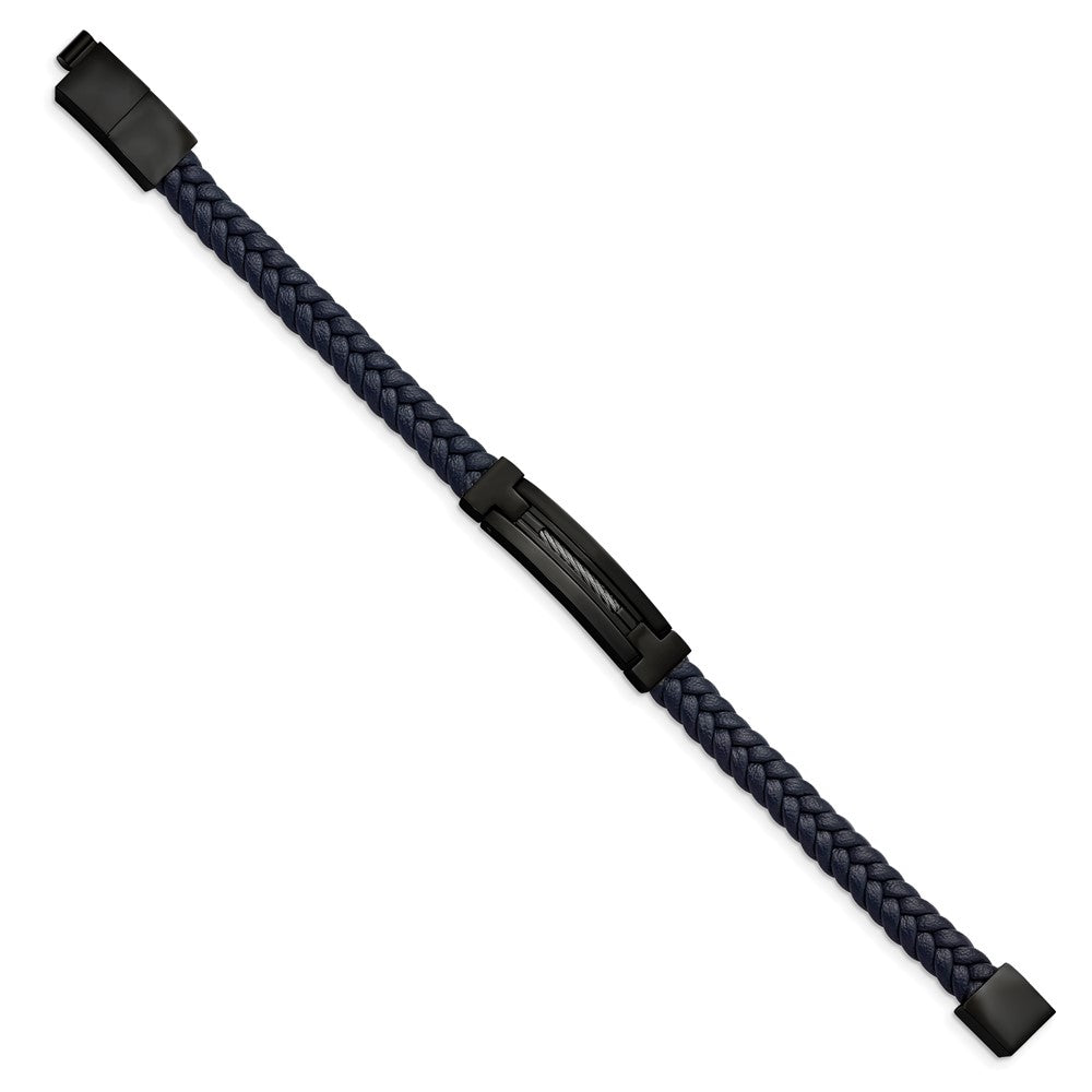 Chisel Stainless Steel Polished Black IP-plated Navy Blue Braided Leather 8 inch Bracelet with .5 inch Extension