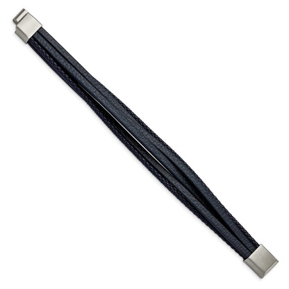 Chisel Stainless Steel Brushed Multi Strand Navy Blue Leather 8 inch Bracelet