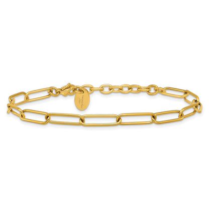 Chisel Stainless Steel Polished Yellow IP-plated Elongated Open Link Paperclip 7 inch Bracelet with 1.25 inch Extension