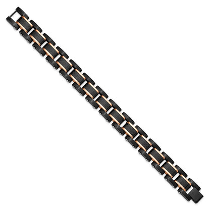 Chisel Stainless Steel Brushed and Polished Black and Rose IP-plated with Black Carbon Fiber Inlay 8.5 inch Link Bracelet
