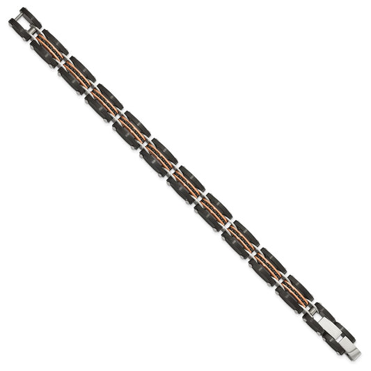 Chisel Stainless Steel Brushed and Polished Black and Rose IP-plated Reversible 7.5 inch Bracelet with .5 inch Extension