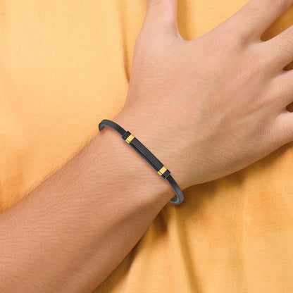 Chisel Stainless Steel Polished Black and Yellow IP-plated Black Leather 8.5 inch ID Bracelet