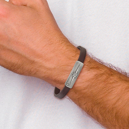 Chisel Stainless Steel Antiqued Bronze-plated with CZ Starburst Brown Leather 8 inch Bracelet