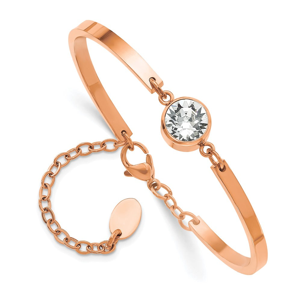 Chisel Stainless Steel Polished Rose IP-plated with Crystal 6.5 inch Bangle Bracelet with 2 inch Extension
