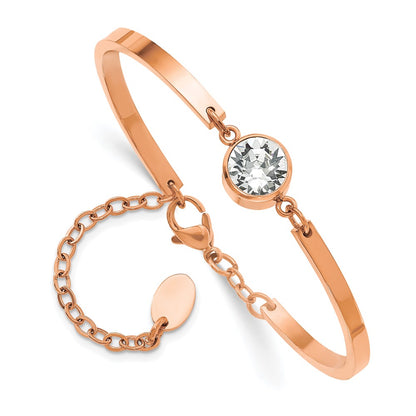 Chisel Stainless Steel Polished Rose IP-plated with Crystal 6.5 inch Bangle Bracelet with 2 inch Extension