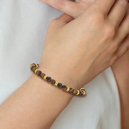 Chisel Stainless Steel Brushed Yellow IP-plated 6.5mm Tiger's Eye Beaded Stretch Bracelet