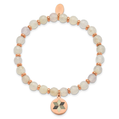 Chisel Stainless Steel Polished Rose IP-plated Enameled Flower Charm 6mm Jade Beaded Stretch Bracelet
