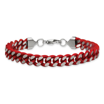 Chisel Stainless Steel Polished with Red Enamel and Rubber Coating 9mm 8.5 inch Curb Chain Bracelet