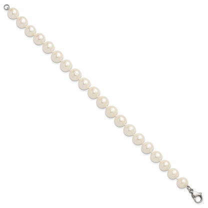 Chisel Stainless Steel Polished 9-10mm Hand Knotted White Round Freshwater Cultured Pearl 8 inch Bracelet