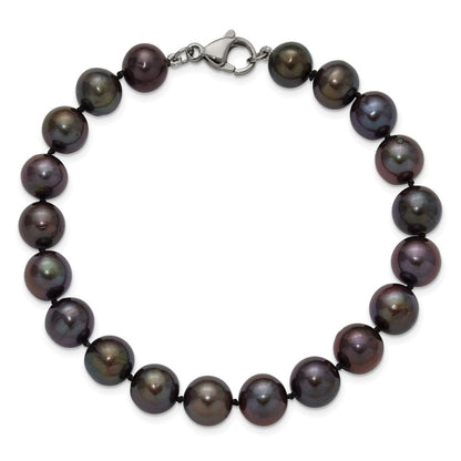 Chisel Stainless Steel Polished 9-10mm Hand Knotted Black Round Freshwater Cultured Pearl 8 inch Bracelet
