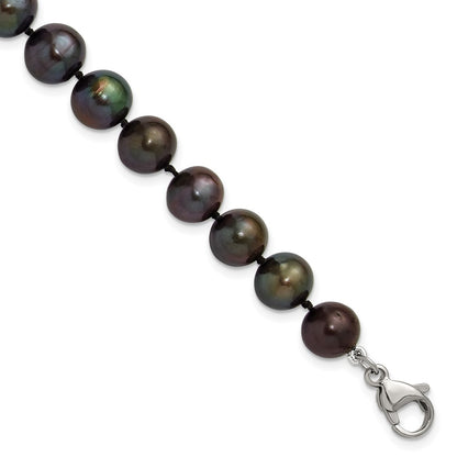 Chisel Stainless Steel Polished 9-10mm Hand Knotted Black Round Freshwater Cultured Pearl 8 inch Bracelet