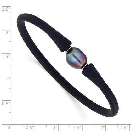 Chisel Stainless Steel Polished 9-10mm Black Baroque Freshwater Cultured Pearl on Black Silicone 6.75 inch Bracelet