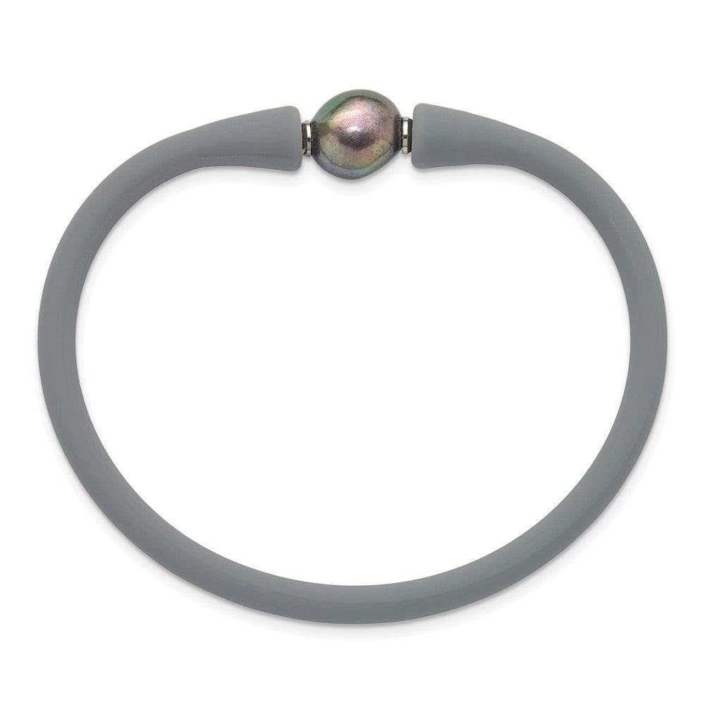 Chisel Stainless Steel Polished 9-10mm Black Baroque Freshwater Cultured Pearl on Mauve/Grey Silicone 6.75 inch Bracelet