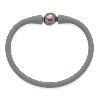 Chisel Stainless Steel Polished 9-10mm Black Baroque Freshwater Cultured Pearl on Mauve/Grey Silicone 6.75 inch Bracelet
