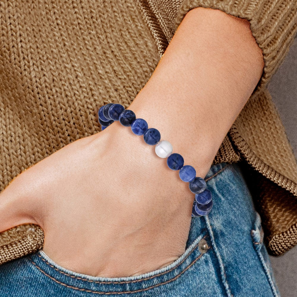 Chisel 8-9mm Lapis and White Freshwater Cultured Pearl Beaded 7.25 inch Stretch Bracelet