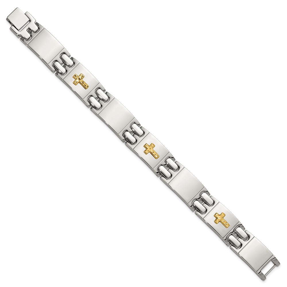 Chisel Stainless Steel Polished with Diamond-cut 14K Gold Accent Cross 8 inch Link Bracelet
