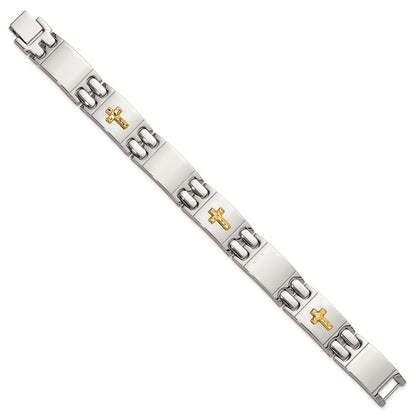 Chisel Stainless Steel Polished with Diamond-cut 14K Gold Accent Cross 8 inch Link Bracelet
